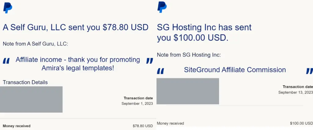 Paypal payouts or $78.80 and $100 for affiliate income